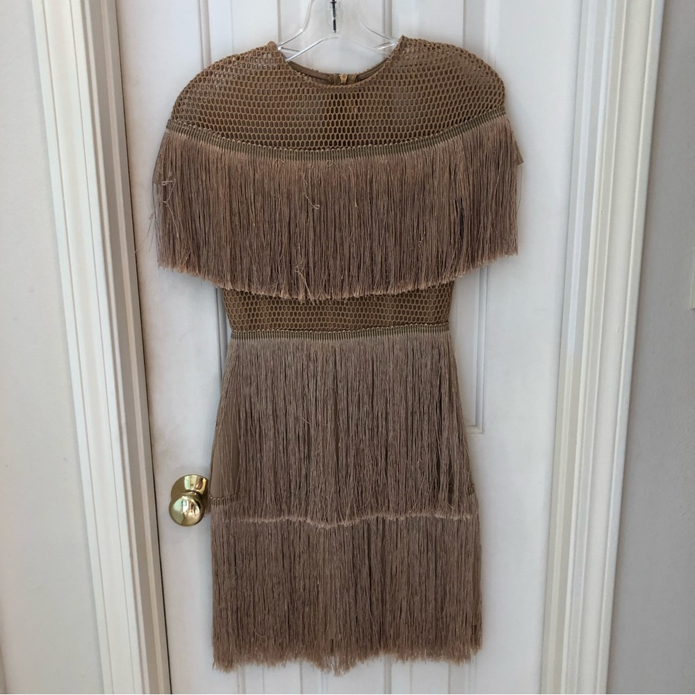 Fringe Knit Mini Dress in Taupe